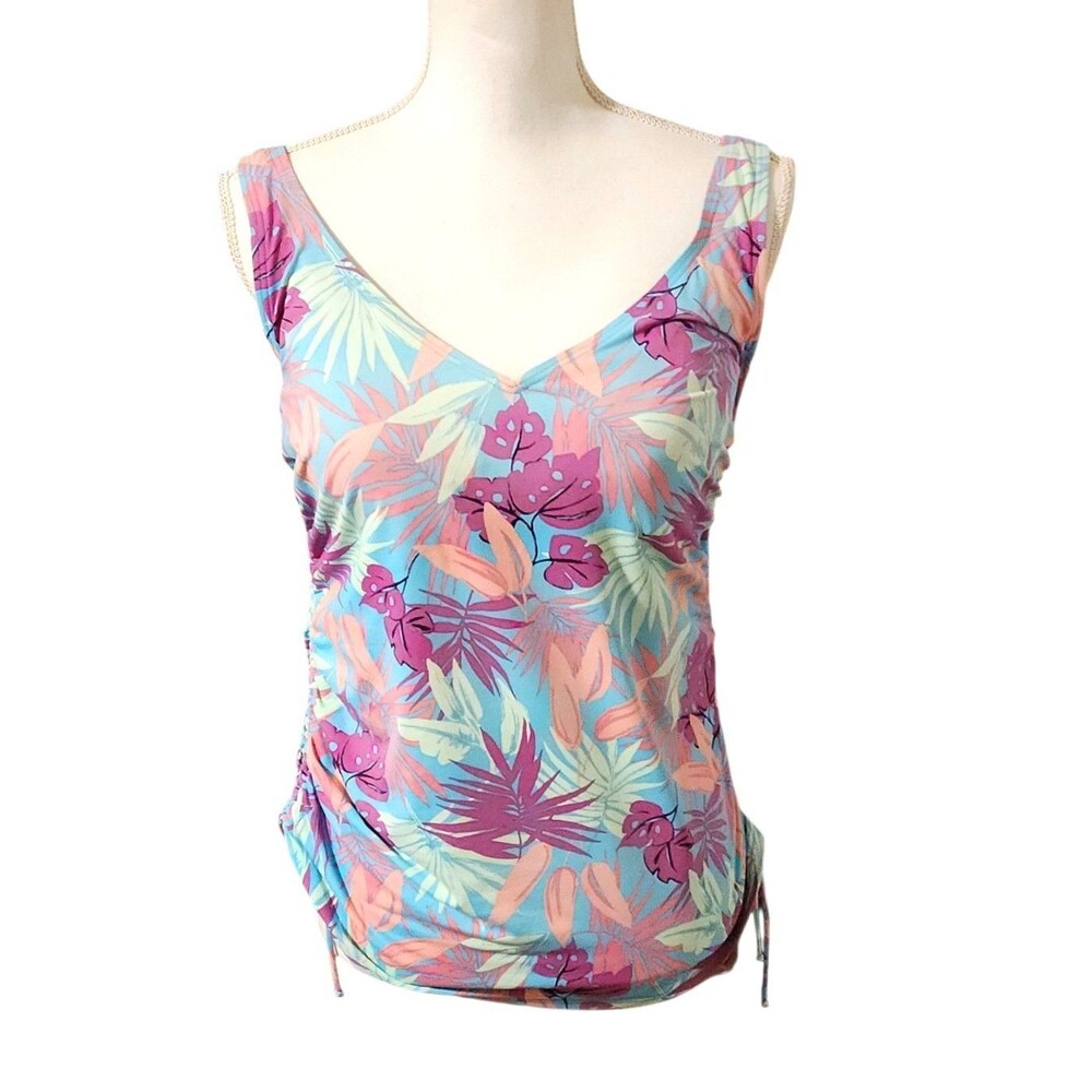 Lands End Tankini Swim Top Tropical Print Underwire Bra Ruching Womens Size 10L